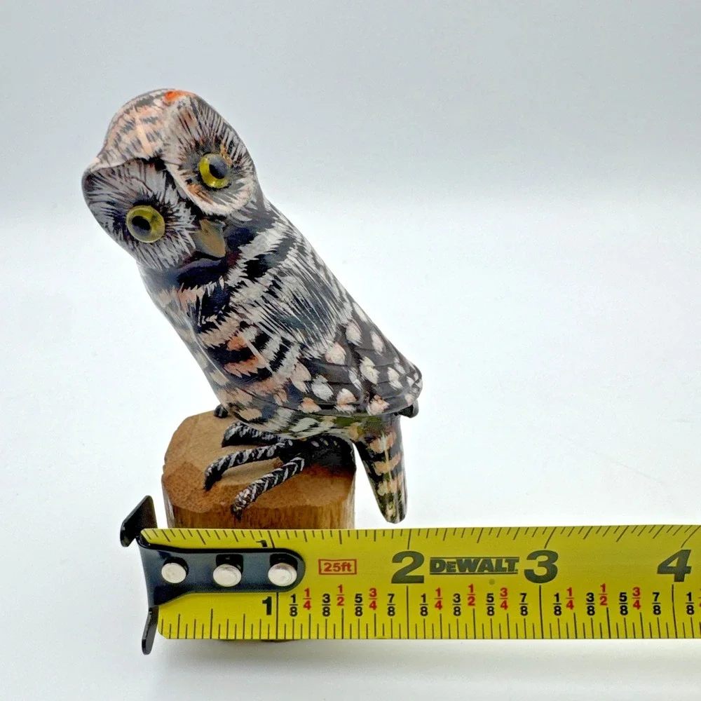 Hand Carved Wood Owl Sculpture Bird on Branch Hand Painted 4.25